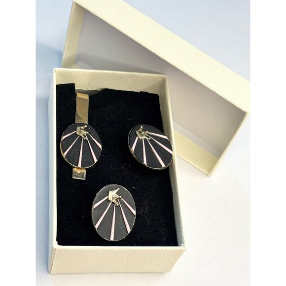 Vintage Gold & Enamel Crown Cufflinks & Tie Clip Set Black & Pink Design Mens Fo - Picture 2 of 6